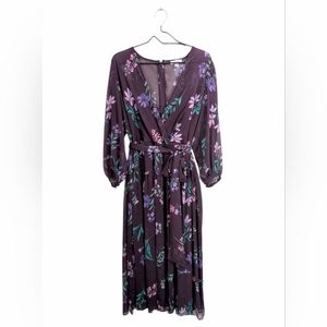 Calvin Klein Chiffon Floral Print Faux Wrap Midi Dress Size 14W Purple Spring
